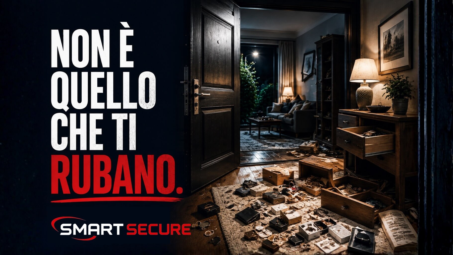 Ingresso di una casa dopo un furto, con porta aperta, cassetti rovesciati e oggetti personali sparsi a terra. Testo: "Non è quello che ti rubano. È che qualcuno è entrato in casa tua".