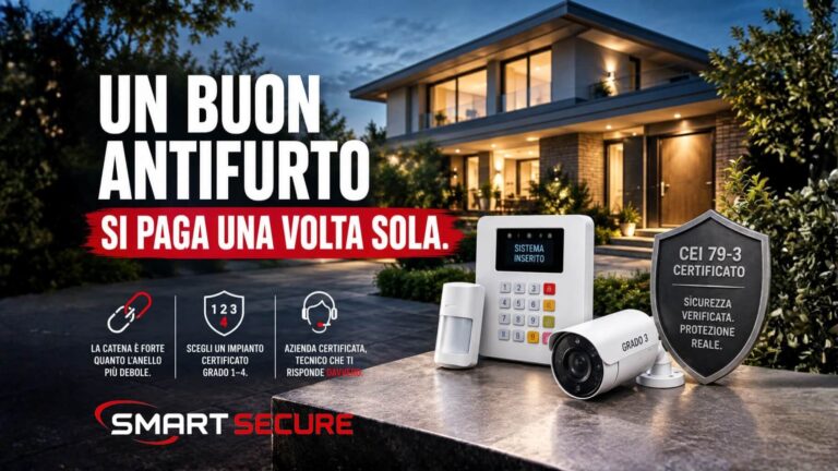 Cover Smart Secure con una casa moderna illuminata al crepuscolo, sistema antifurto di grado 3 in primo piano e testo ‘Un buon antifurto si paga una volta sola’, con riferimenti a impianti certificati, assistenza tecnica e certificazione CEI 79-3.
