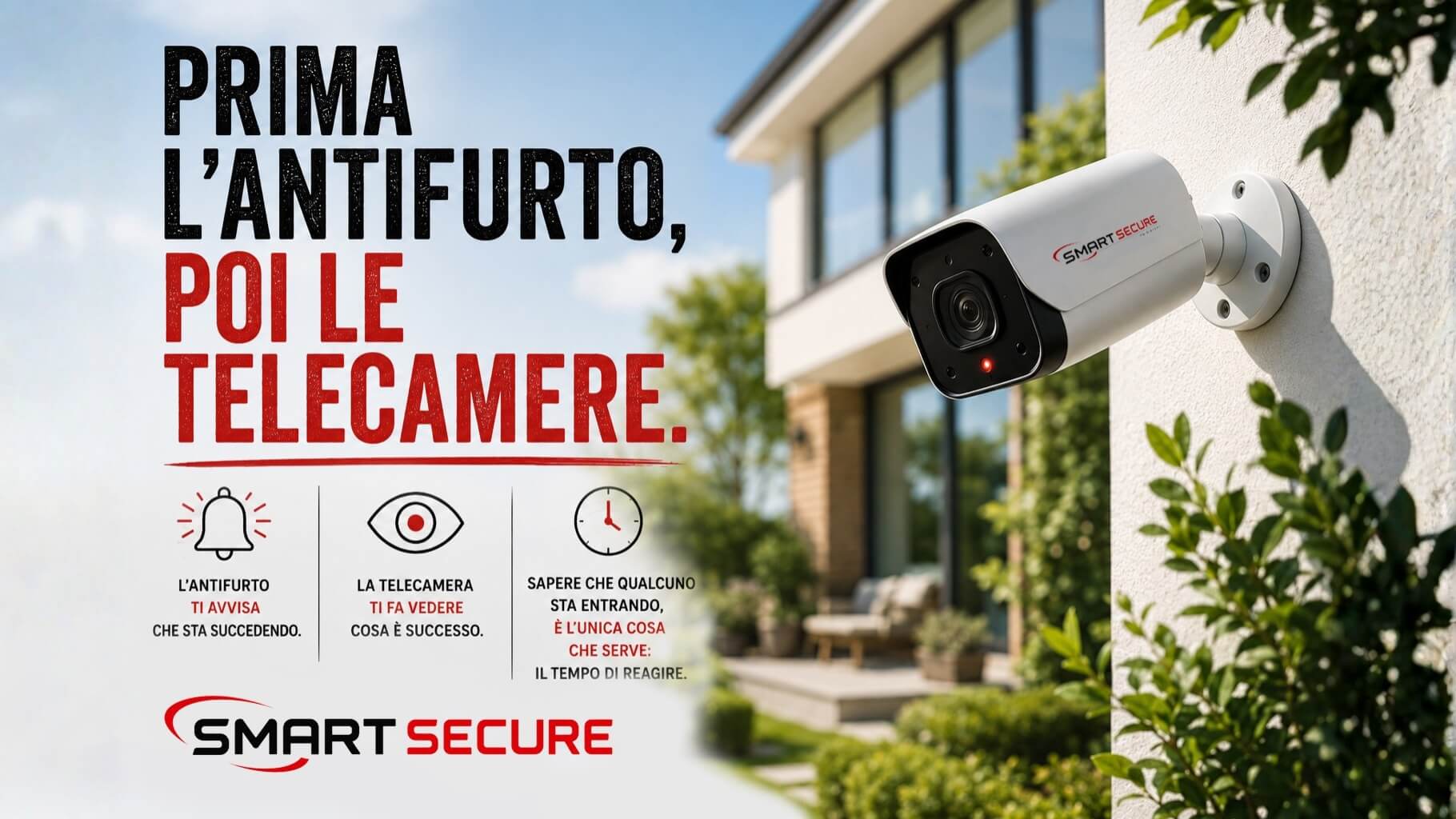 Cover Smart Secure con una telecamera di videosorveglianza montata sulla parete di una casa moderna illuminata dal sole. Il titolo recita ‘Prima l’antifurto, poi le telecamere’, con il messaggio ‘L’antifurto ti avvisa. La telecamera ti fa vedere’ e tre elementi dedicati ad allarme, videosorveglianza e tempo di reazione.