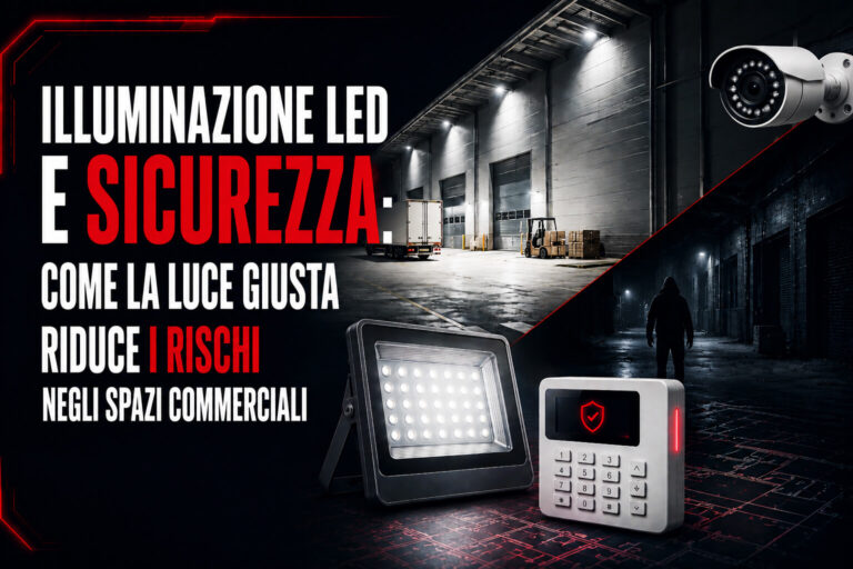 Illuminazione LED e sicurezza, Vista di un capannone esterno di notte illuminato da impianto professionale a led, adatto per la videosorveglianza